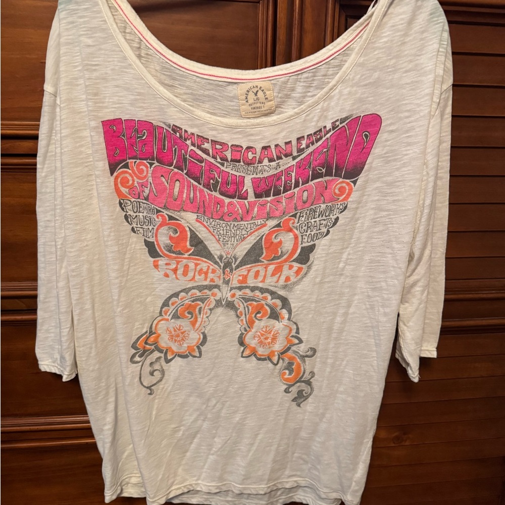 Vintage American Eagle Outfitters Women's Long Sleeve Top - Cream and Pink